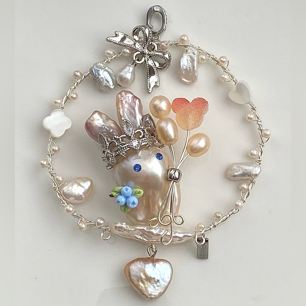 P230-Handmade Premium Flameball Pearl Bunny Detachable Pendant - Picture 13 of 15